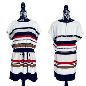 DKNY off white stripe sequin batwing cocktail shift dress size medium